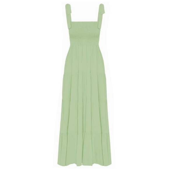 Mint Green Maxi Tiered Boho Dress Shoulder Ties Long Flowy Bohemian Tie Sundress - Picture 2 of 13
